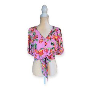 Joie Tie Front Mango Print Top Size M Medium Pink Blouse